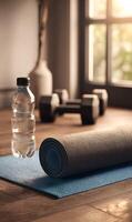 Wellness sanctuary a tranquil scene of fitness essentials for mindful workout routines at home setting healthy lifestyle photo