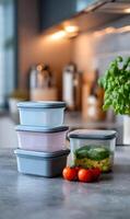Stack of reusable food containers on a kitchen counter promoting sustainable food storage habits at home photo