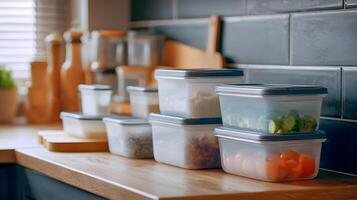 Organization meets freshness in the kitchen with containers storing diverse food items for a healthy lifestyle photo