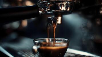 Dark espresso extraction process pouring into a clear glass cup with a bokeh background in a cozy cafe photo