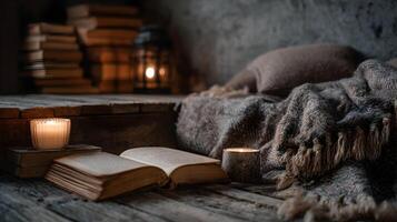 Warmth and wonder an inviting scene of cozy books and candlelight for a moment of tranquility photo