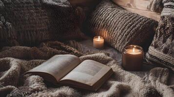 Cozy reading nook featuring an open book nestled among soft blankets and flickering candles glow photo