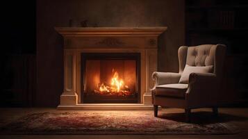 Cozy fireside relaxation a plush armchair invites you to unwind by the warm fireplace glow photo