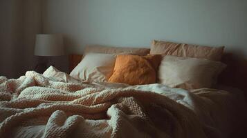 Inviting bedroom scene displaying a cozy bed with soft pillows and a textured knit blanket photo