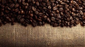 Roasted coffee beans cascade onto a rustic burlap surface creating a warm inviting ambiance photo