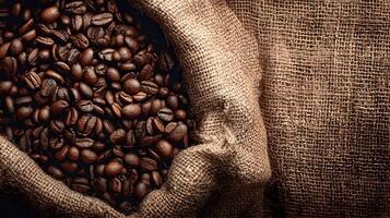 Aromatic coffee beans in a burlap sack capturing the essence of rich indulgence and inviting warmth photo