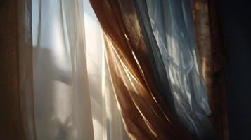 Sunlight streams through sheer curtains casting shadows and creating a soft diffused light inside room photo