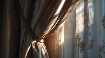 Sunlight streams through tied floral curtains creating a warm inviting atmosphere in the room photo