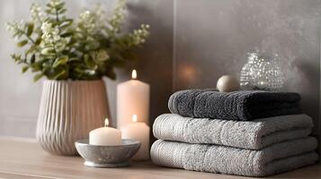 Serene bathroom setting featuring folded towels candles and floral arrangement adding warmth to the space photo