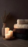 Neutral hues evoke calmness with neatly stacked towels candles and vase creating a serene bathroom spa atmosphere photo
