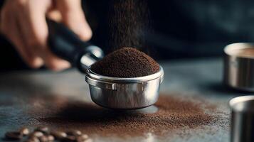 Close up image of coffee grounds falling into a portafilter in preparation for making espresso photo