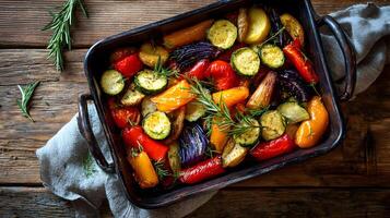 Oven roasted vegetables fresh and vibrant presented on a wooden table with rustic charm photo