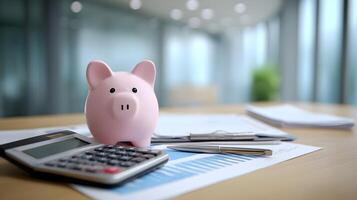 Pink piggy bank sitting on top of a calculator over financial charts for savings and investment planning photo