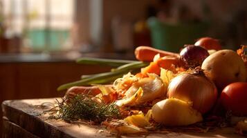 Assorted fresh vegetable harvest on a wooden surface in a kitchen bathed in warm natural sunlight photo