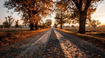 A scenic rural road during autumn season with golden light streaming through the trees branches photo