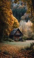 Autumnal haven a rustic cabin nestled amidst vibrant foliage creating a serene and inviting landscape retreat in nature photo