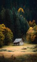 Secluded cabin amidst the embrace of a vibrant forest in autumn colors a peaceful retreat surrounded by nature's beauty photo