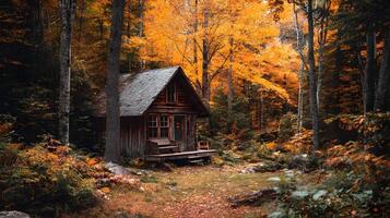 Secluded cabin nestled amidst the vibrant hues of autumn foliage in a serene woodland setting photo