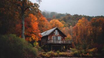 Rustic cabin embraced by a symphony of autumnal colors providing a serene retreat nestled within a vibrant forest landscape photo