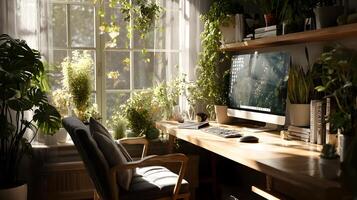 Sunlit home office oasis with lush greenery surrounding a modern computer setup for a peaceful workspace photo