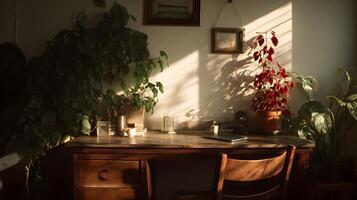 Sunlit workspace a cozy corner with vintage desk plants and warm light creating a serene atmosphere photo