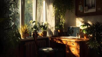 Cozy workspace bathed in sunlight features a vintage desk, laptop and lush indoor plants creating calm scene photo