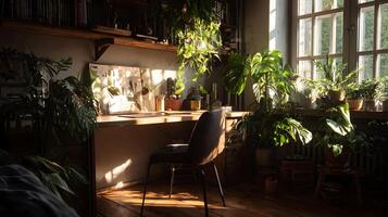 Serene workspace bathed in warm sunlight with thriving plants creating a peaceful ambiance and focus photo