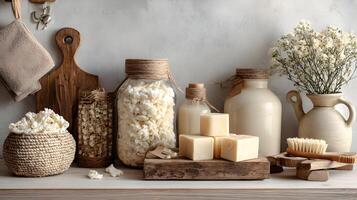 Rustic elegance a serene still life of handcrafted soaps and natural elements create a calming beauty photo