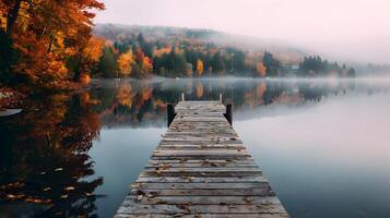 Autumn serenity on a foggy lake wooden dock leading to misty fall foliage reflection photo
