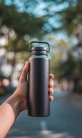 Hydration on the go a hand holding a sleek reusable water bottle amidst natural beauty and fresh air photo