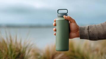 A person holding a reusable green water bottle in nature for a healthy and eco conscious lifestyle photo