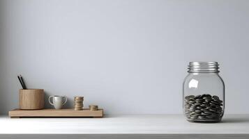 Minimalist workspace featuring savings jar with coins symbolizing financial goals and home office setup photo