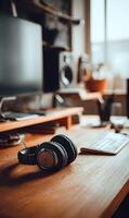 Workspace serenity featuring headphones on a wooden desk with a monitor speaker and natural light shining through a window photo