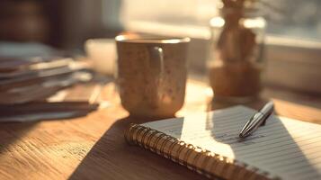 Morning routine sunlight on wooden table with mug and notebook ready for a productive day photo