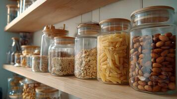 Stylish pantry showcasing organized glass jars filled with pasta nuts seeds grains and legumes neatly arranged on wooden shelves photo