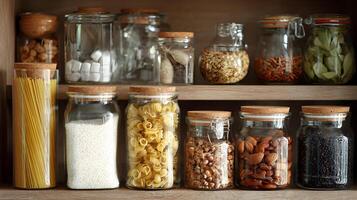 Pantry organization inspiration showcasing diverse culinary staples within elegant glass containers ready to use photo