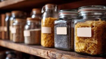 Pantry staples in glass jars on wooden shelves displaying an assortment of dry goods and pasta photo