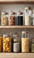 A curated collection of pantry staples neatly displayed in glass jars on wooden shelves evokes rustic charm photo