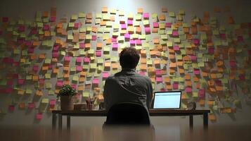 Back view of thoughtful man overwhelmed by sticky notes on wall representing complex planning strategy photo