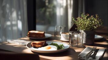 Sunlit breakfast featuring toast, fried egg and greens served with coffee in a relaxed atmosphere photo