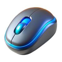 A close up view of a modern gray computer mouse with blue accents on a white background studio shot 3d icon photo