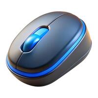 Close up view of a wireless computer mouse with a blue scroll wheel and blue trim on white background 3d icon photo
