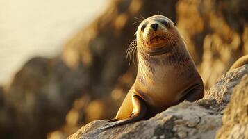 Otters Relaxing In Sunlight On Jagged Seaside Boulders photo