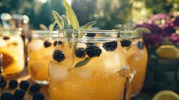 Pitcher Of Blackberry Sage Lemonade In Backyard Sun photo