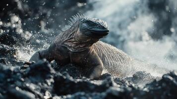 Primordial Lizards Basking Along Magma Coastline photo