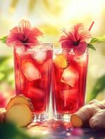 Refreshing Hibiscus Ginger Infused Iced Tea in Lively Garden Cafe photo