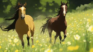 Proud Untamed Stallions Running Through Warm Open Plains photo