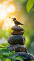 Serene Grouped Stones Displayed with Gentle Hummingbird Accent photo