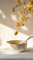 Rustic Food Presentation with Lively Bees and Golden Honey photo