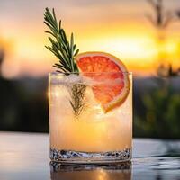 Rosemary Grapefruit Gin Fizz Cocktail on Rooftop photo